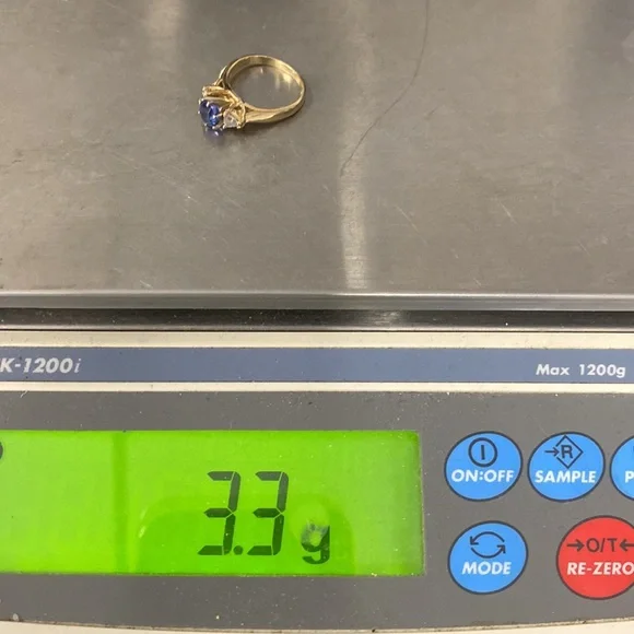 14k yellow gold tanzanite and trillion cut diamond 3 stone ring size 5.5